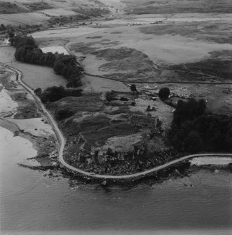 Aros Castle and Aros Mains Farm, Mull.  Oblique aerial photograph taken facing west.  This image has been produced from a print.