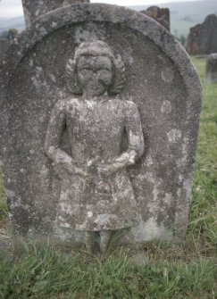 View of headstone  for George Horoson d.1728 showing figure and hourglass, Ettleton Cemetery.