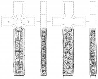Scanned ink drawings (DC 60630 & 60631) of Monifieth 4 freestanding cross fragment faces a, b, c & d