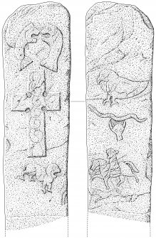 Scanned ink drawing of The Battle Stone, Mortlach Pictish cross slab face a & b