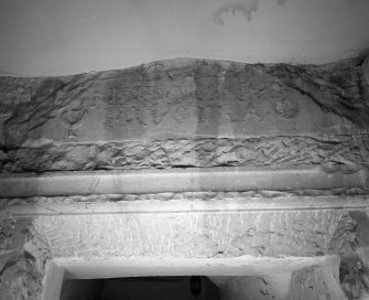 Interior. Ground floor hall detail of inscribed resited pediment including "FRUSTRA"