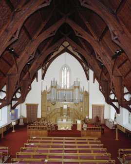 Interior, view from West showing roof, organ, pulpit and platform from gallery