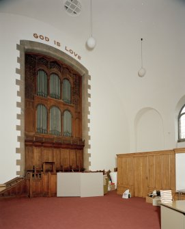 Interior, view of original main space from North with organ and platform