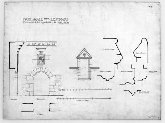 Entrance gateway with armorial panel - elevation & section 1":2'; dormer window (with armorial panel) 1":2'; Details 1/4 full size - jambs of door & dormer window, chimney copes, cope of parapet.
Insc: 'John L Peddie. June 1901'
