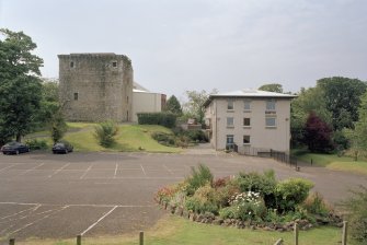 View of Tower, Church, Halls and manse from South