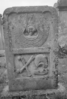 View of gravestone commemorating John Martin, d.1783, in the churchyard of Leswalt Old Parish Church.