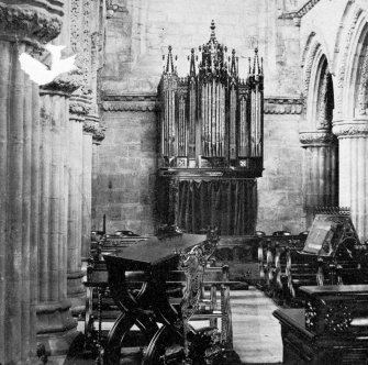 Roslin, Roslin Chapel, interior.
Copy of historic photograph showing view of South aisle after insertion of a new organ.