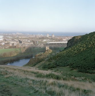 Holyrood Park: view of St Anthony's Chapel and Hermitage from SW.
Background view of North Edinburgh, Leith and Inchkeith