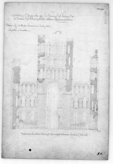 Kelso Abbey.
Photographic copy of section looking West.
Titled: 'Abbey Church of S. Mary Ye Virgin & S. John Ye Evangelist. Kelso Roxburghshire.  No.1184', 
'Transverse Section through transepts & tower looking West.
Scale 1/8