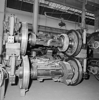 Glasgow, Springburn, St Rollox Locomotive Works, interior.
View of diesel multiple unit (DMU) wheels and drive shafts with part of gearbox.