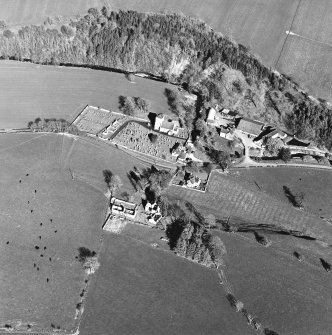 Aerial view of Hobkirk church and burial ground, including the location of previous churches, taken from the WSW.