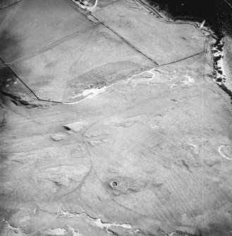 Oblique aerial view centred on the remains of the hut-circles, farmstead and rig, taken from the NW.
