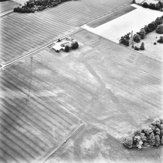 Carpow and Gillies Burn, oblique aerial view, taken from the NE, centred on the cropmarks of a Roman Fort, a Roman enclosure and an unenclosed settlement. The cropmarks of a Roman aqueduct and a ring-ditch, and Mains of Carpow farmsteading are visible in the top half of the photograph, and linear cropmarks are shown in the bottom centre half.