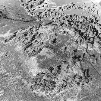 Oblique aerial view centred on the remains of the fort and possible cairn, taken from the SE.