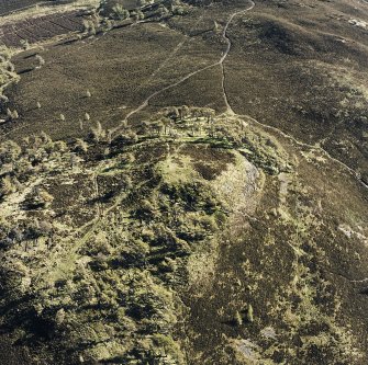 Oblique aerial view centred on the remains of the fort and possible cairn, taken from the wNW.