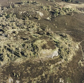 Oblique aerial view centred on the remains of the fort and possible cairn, taken from the WSW.