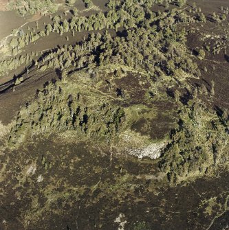 Oblique aerial view centred on the remains of the fort and possible cairn, taken from the SW.
