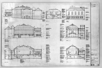 Photographic copy of plans, sections and elevations showing alterations including details of gallery, kitchen, cupola, plant chamber and lift shaft.