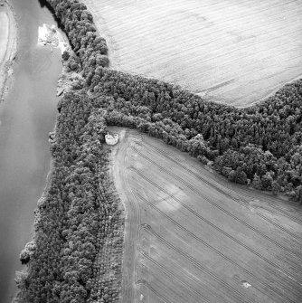 Oblique aerial view centred on the cropmarks of the fort and the ruins of the tower-house, taken from the W.