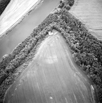 Oblique aerial view centred on the cropmarks of the fort and the ruins of the tower-house, taken from the SW.