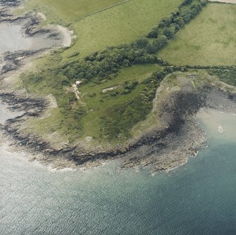 Oblique aerial view centred on the remains of the buildings and promontory fort, taken from the N.