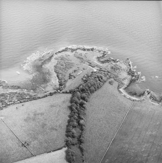 Oblique aerial view centred on the remains of the buildings and promontory fort, taken from the SW.