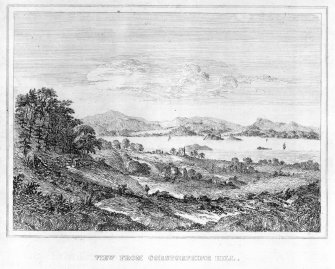 View from Corstorphine Hill looking northwest to Cramond and Fife also showing Islands in the Forth.  Visible is Cramond Tower.  Copied from 'Scenery and Antiquities of Midlothian'