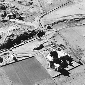 Oblique aerial view of Iona Abbey, taken from the south east, centred on the abbey and the MacLeod Centre.