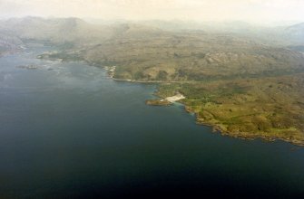 Aerial view of Samalaman Island and Glenuig Bay, Moidart, Wester Ross, looking E.
