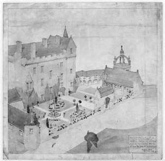 Barnbougle Castle.
Photographic copy of proposed mansion house at Dalmeny, perspective view showing chapel and extensions. In the style of Linlithgow Palace.
Insc: '13 Young Street, Edinr. Nov. 1904.'
Pencil and watercolour.