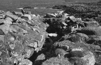 Dun Mor, Vaul, Tiree, broch.
Photograph showing the mural gallery with one lintel in situ, prior to excavation.
