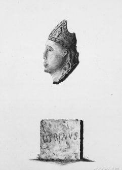 Photographic copy of drawing showing carved stone head.