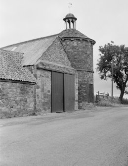 General view of Under Bolton Farm steading gable and dovecot from south.