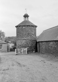 General view of Under Bolton Farm steading gable and dovecot from north west.