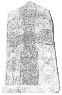 Pencil survey drawing of Glamis 2 Pictish Cross Slab front face. Scale 1:5
