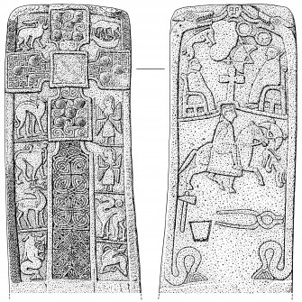 Scanned ink drawing of Dunfallandy Pictish cross slab.