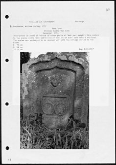 Photographs and research notes relating to graveyard monuments in Crailing Old Churchyard, Roxburghshire. 

