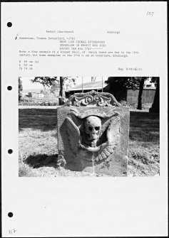 Photographs and research notes relating to graveyard monuments in Nesbit Churchyard, Roxburghshire. 
