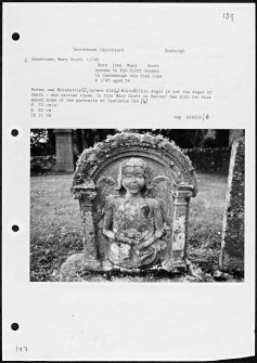 Photographs and research notes relating to graveyard monuments in Teviothead Churchyard, Roxburghshire. 
