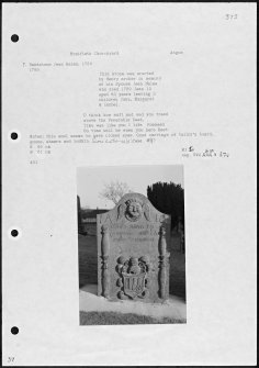 Photographs and research notes relating to graveyard monuments in Monifieth Churchyard, Angus. 
