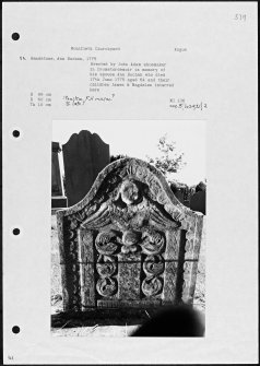 Photographs and research notes relating to graveyard monuments in Monifieth Churchyard, Angus. 
