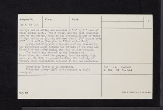 Drumelzier Castle, NT13SW 25, Ordnance Survey index card, page number 2, Verso