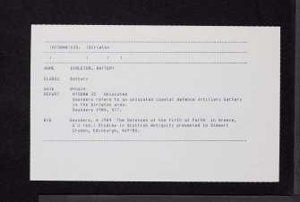 Dirleton, Battery, NT58NW 35, Ordnance Survey index card, Recto