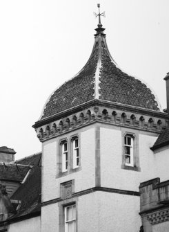 North facade, detail of main turret from north west