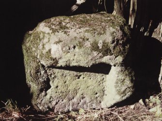 View of socket stone inside burial ground near N wall.