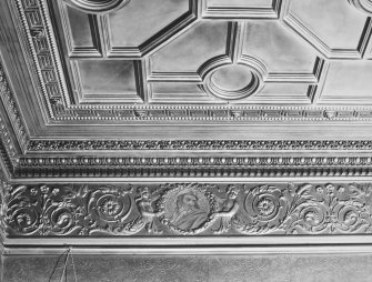 Interior.
Detail of library ceiling frieze of foliate and figural motifs and medallion.