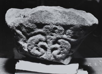 Iona, Iona Abbey, museum. 
View of capital fragment.