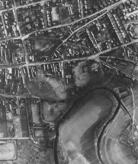 RAF WW II vertical air photograph of the central area of Elgin.  Visible is the area around Lady Hill and the Castle.