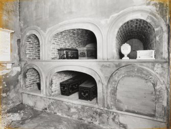 View of coffins in burial crypt