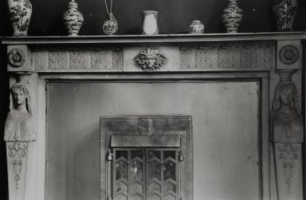 Interior. Detail of fireplace.
